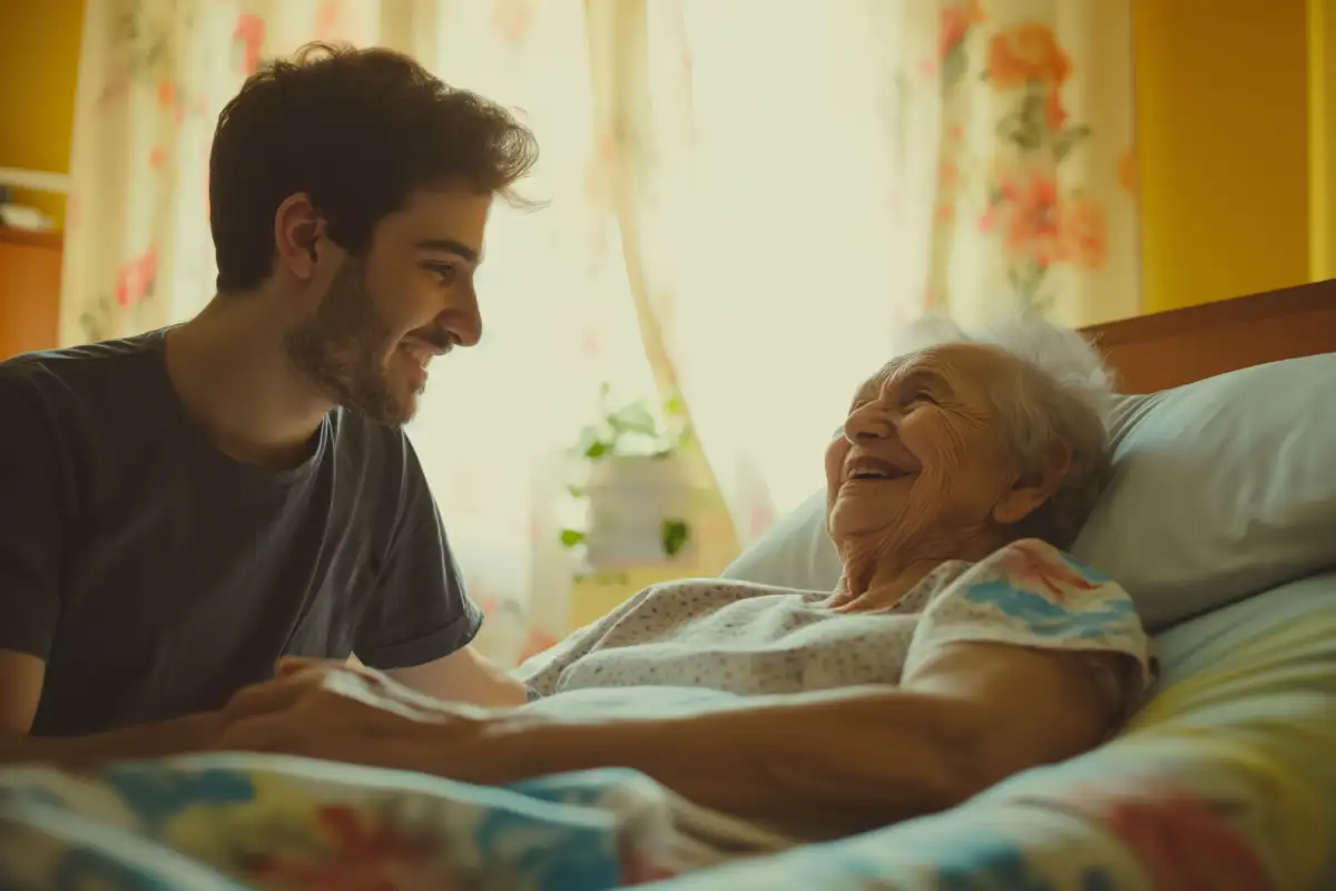 A young caregiver smiling warmly while holding hands with an elderly woman resting in a hospital bed, creating a comforting and compassionate atmosphere in a softly lit room.