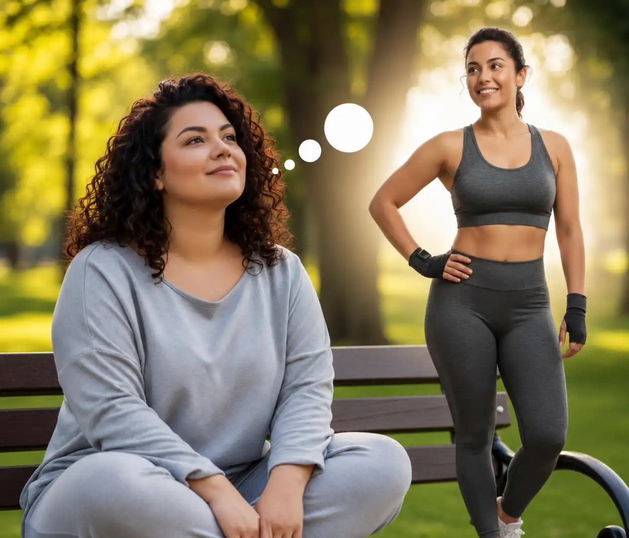 A woman in comfortable clothing sits on a park bench smiling thoughtfully, with a fit and active version of herself standing nearby, symbolizing personal health and fitness goals.
