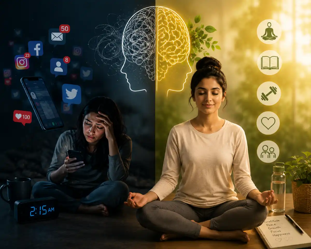 Split illustration showing the impact of social media on mental health versus healthy habits like meditation, exercise, reading, and mindfulness for emotional well-being