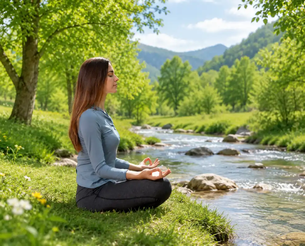 Peaceful outdoor meditation in a beautiful green valley with a clear stream and lush natural landscape.