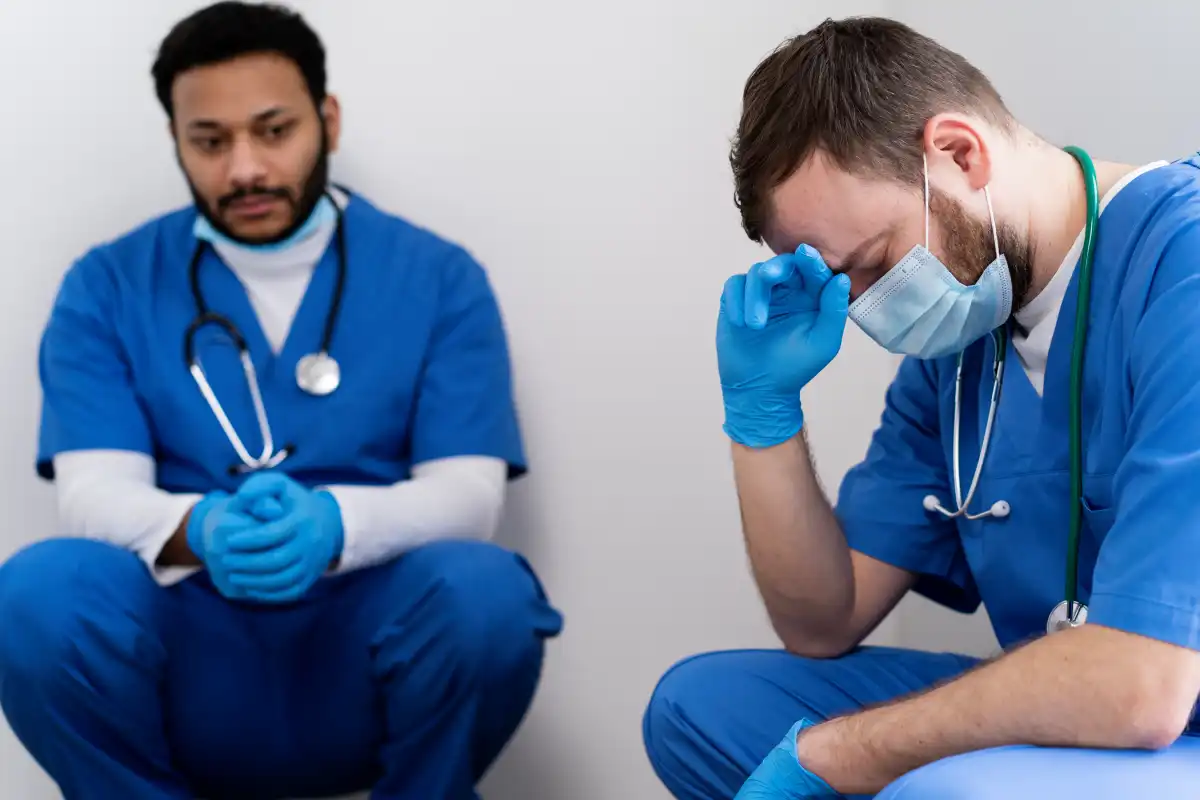 Two healthcare professionals wearing medical gloves and masks, with one doctor appearing concerned during a discussion or consultation.
